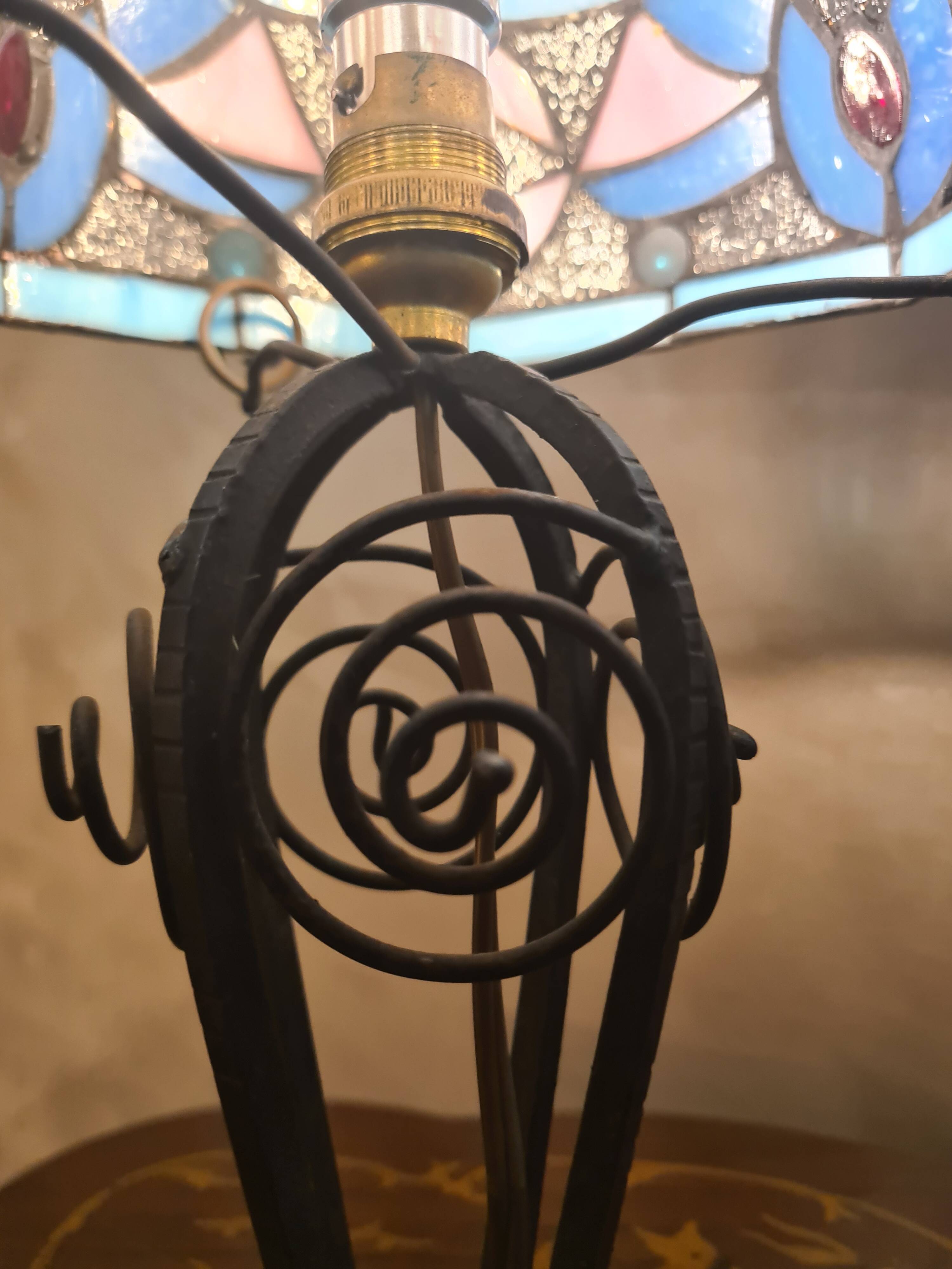 antique wrought iron lamp, 1900 to 1930 with stained glass lampshade soldered with lead