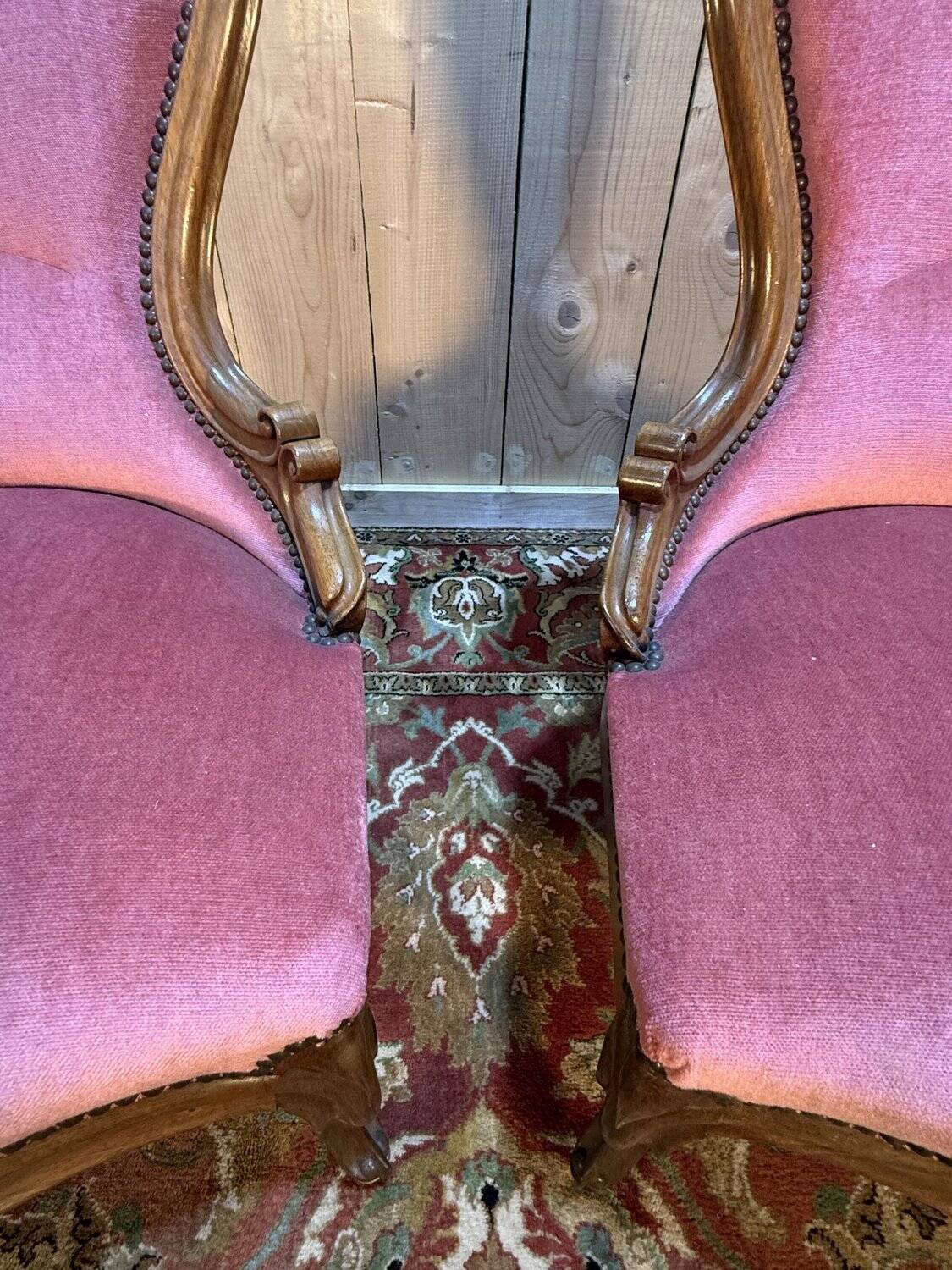 Pair of Louis Philippe armchairs in walnut and pink velvet.