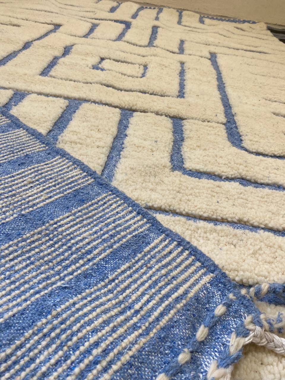 Sky Blue Boujaad Rug – Handmade Moroccan Wool Rug with Bold White Geometric Patterns