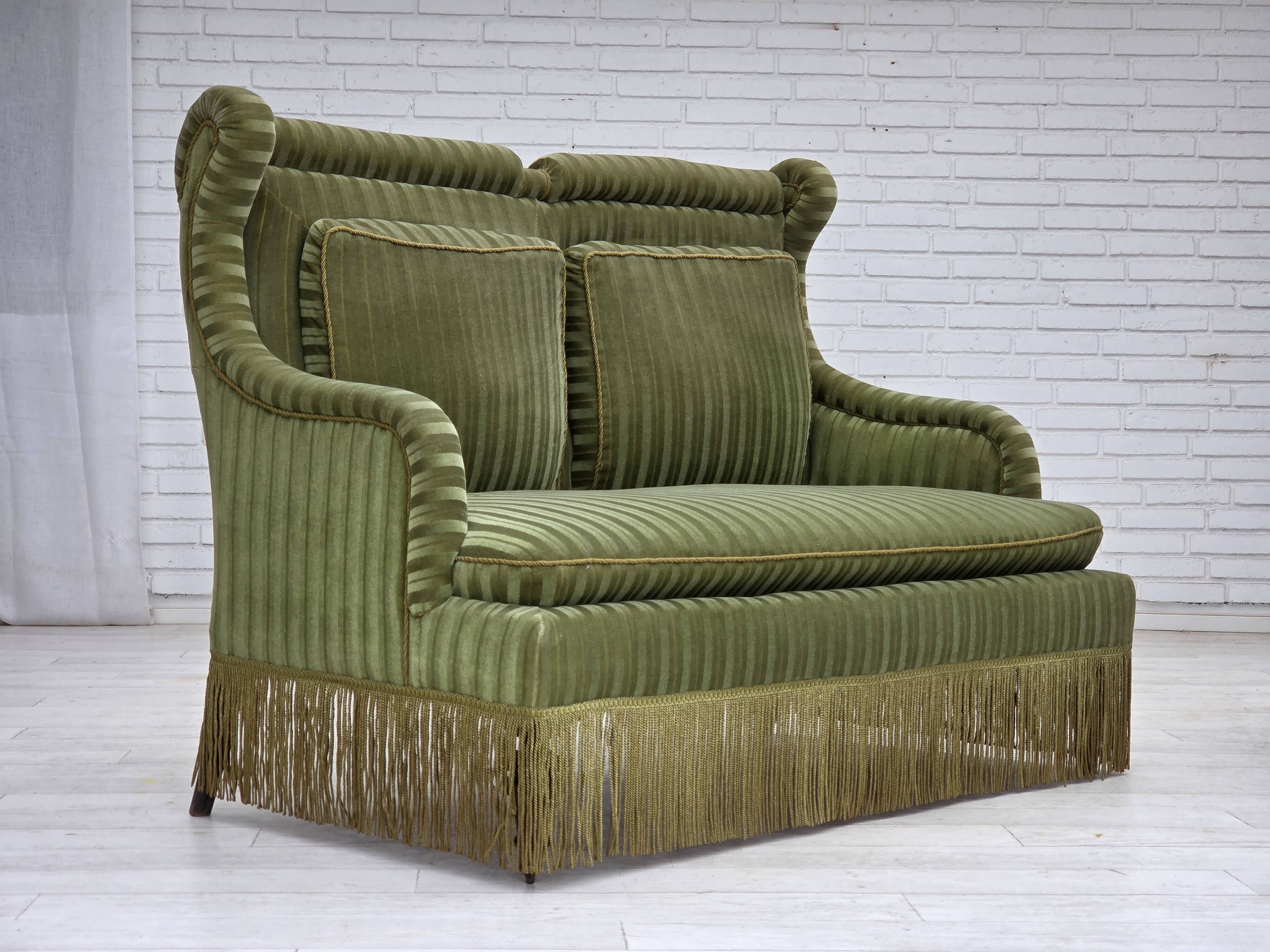 1950s, Danish 2-seater sofa, green furniture velour, beech wood.