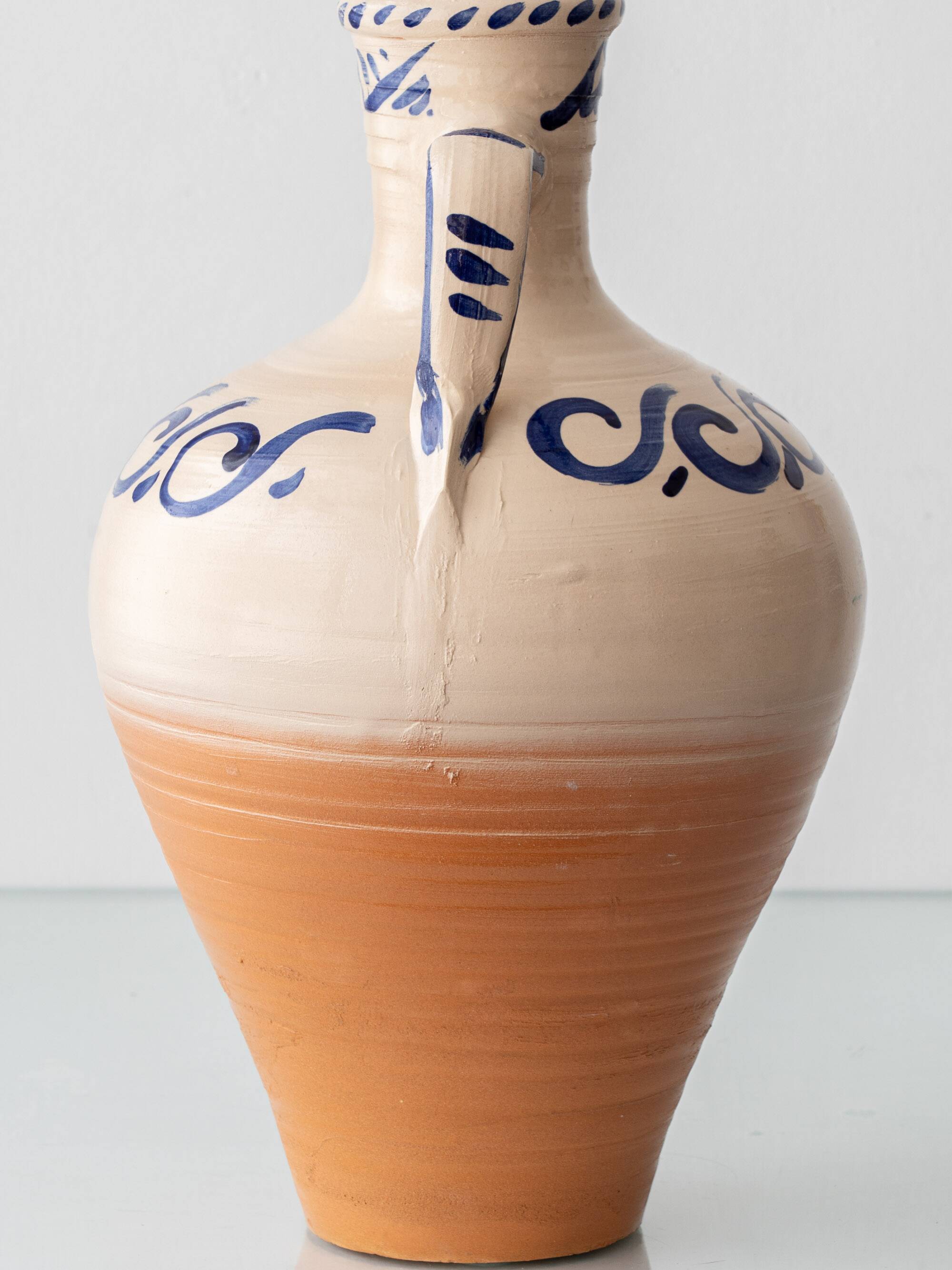 Spanish Revival Terracotta Table Lamp, Cream and Cobalt, New Linen Shade