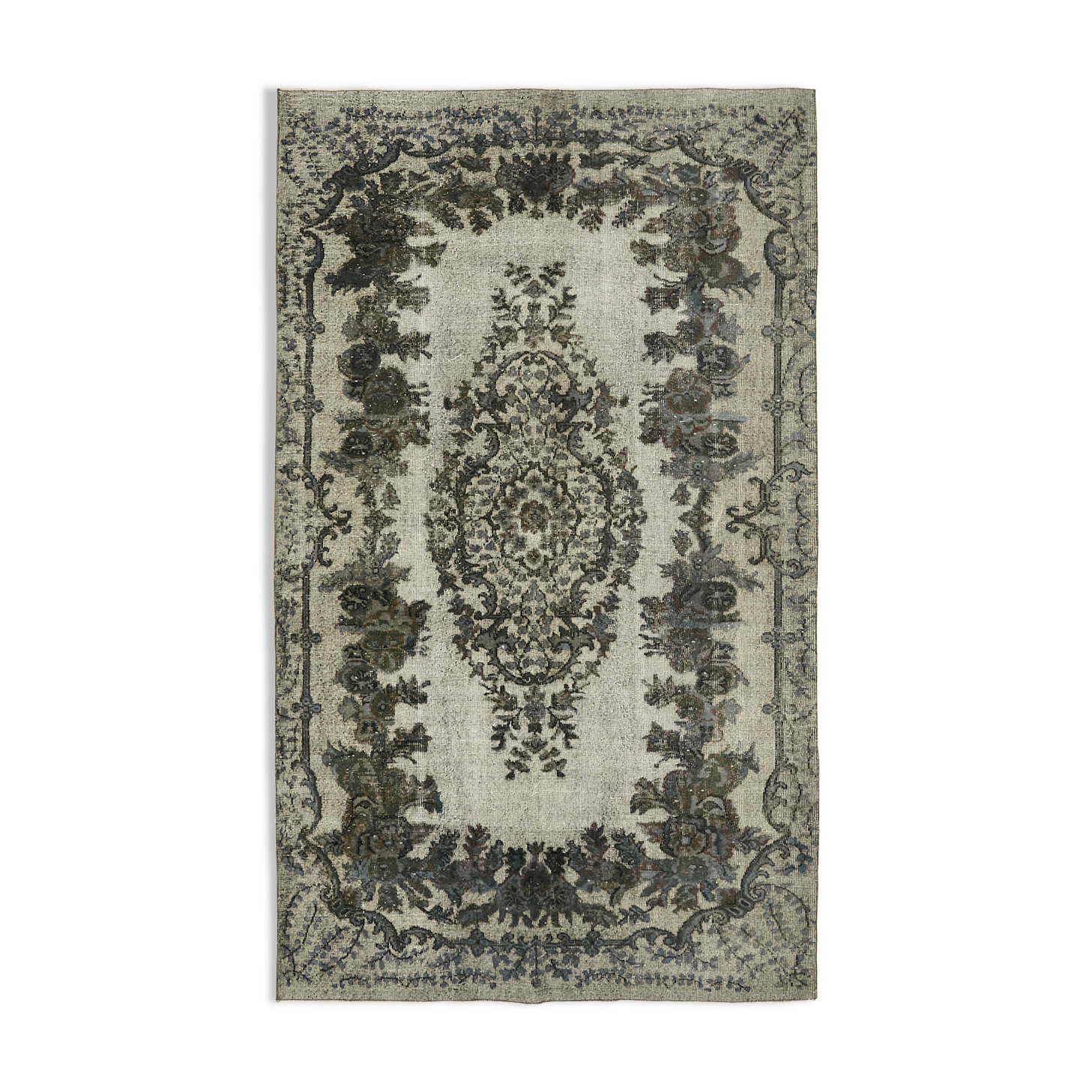 Handmade distressed turkish 1980s 181 cm x 292 cm grey rug