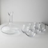 Vintage clear glass decanter set with 6 round wine glasses - Italian 1980s timeless design, elegant table décor