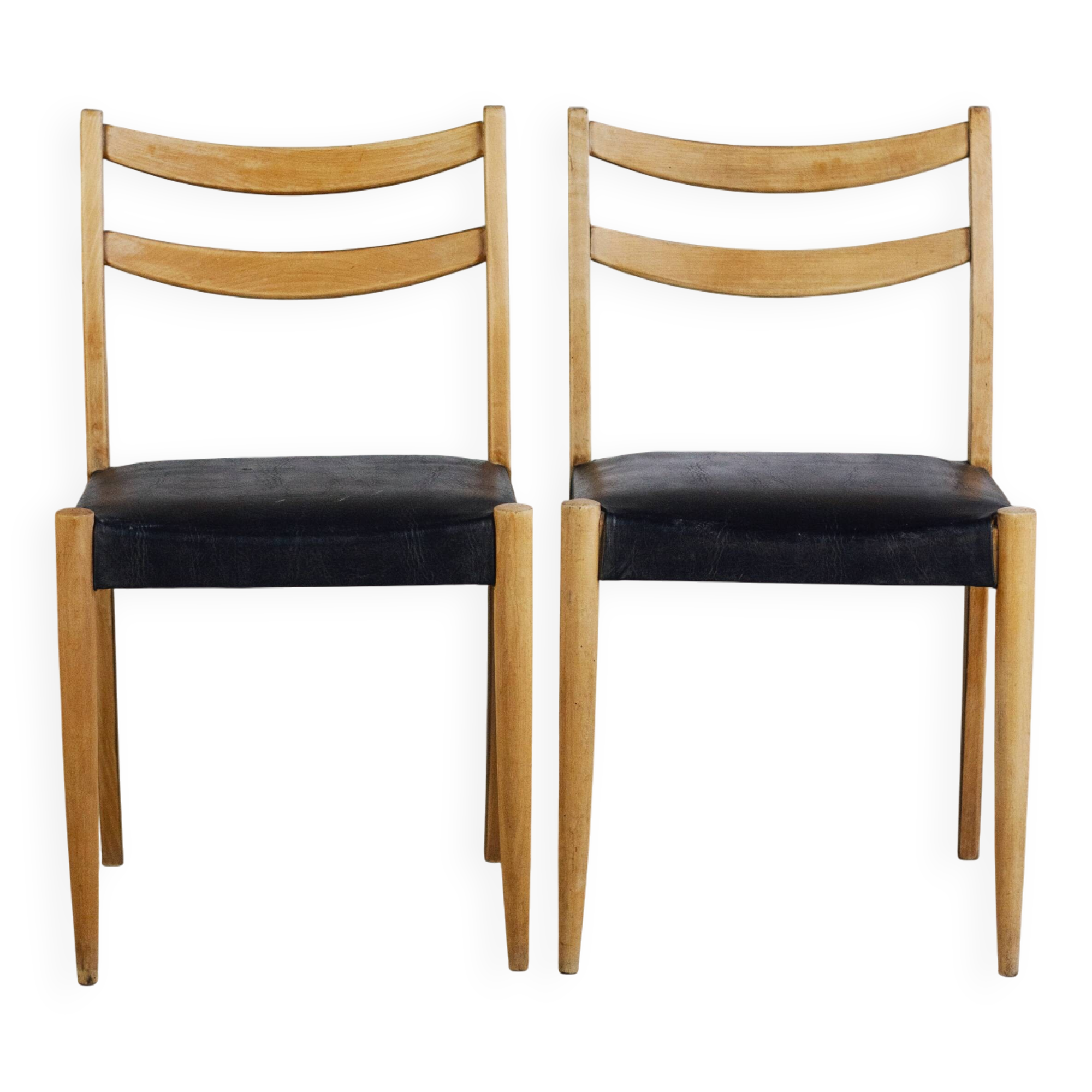 Pair of Scandinavian chairs in teak and faux leather, 1960.