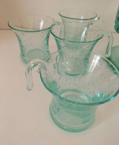 Service en verre soufflé bullé vert d'eau – Coupe sur pied, 5 tasses et louche