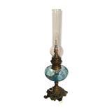Lampe à pétrole bleue et pied laiton, électrifiée