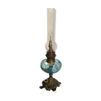 Blue oil lamp and brass foot, electrified