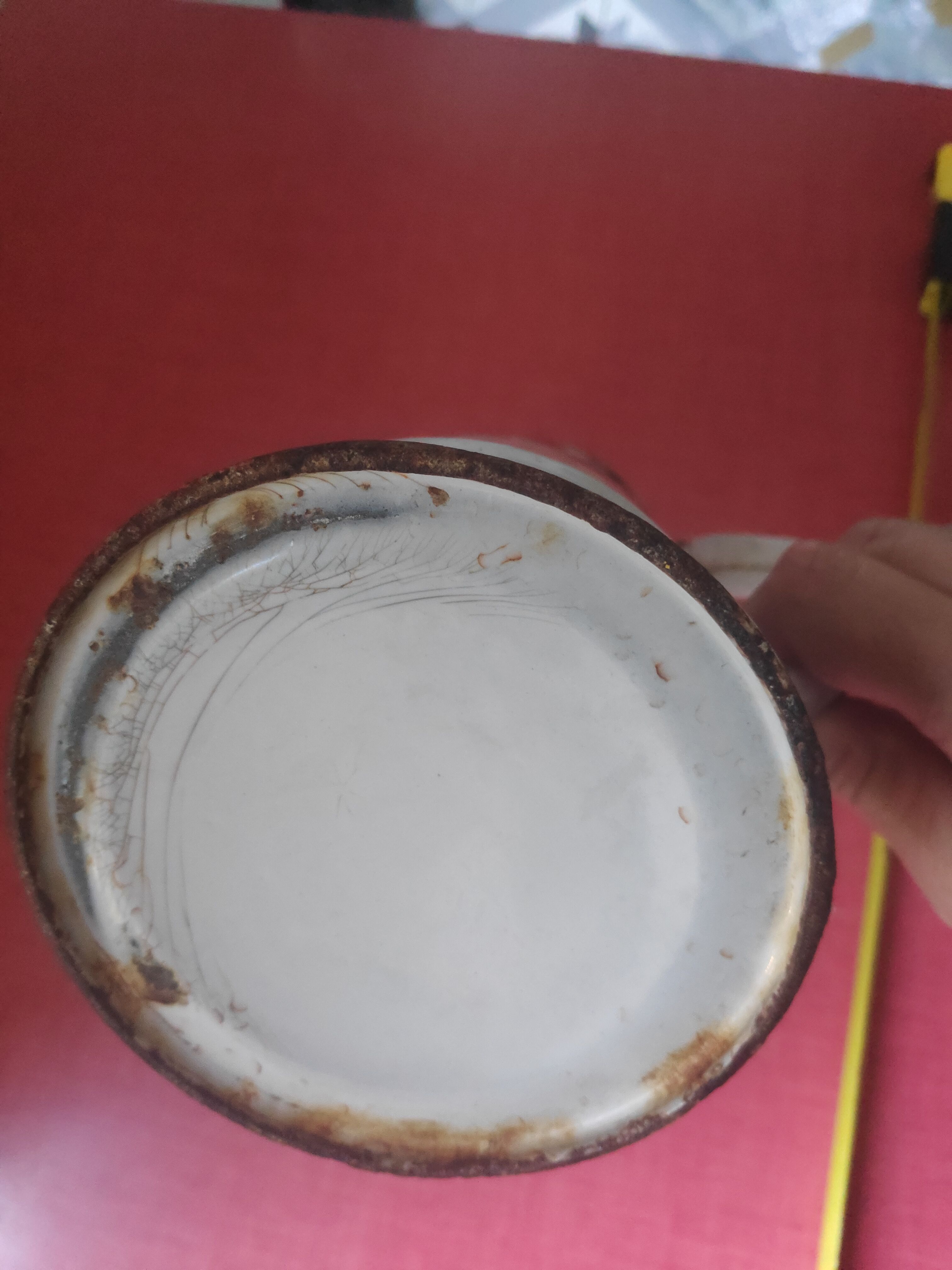 Enamelled sheet metal pitcher Lustucru décor