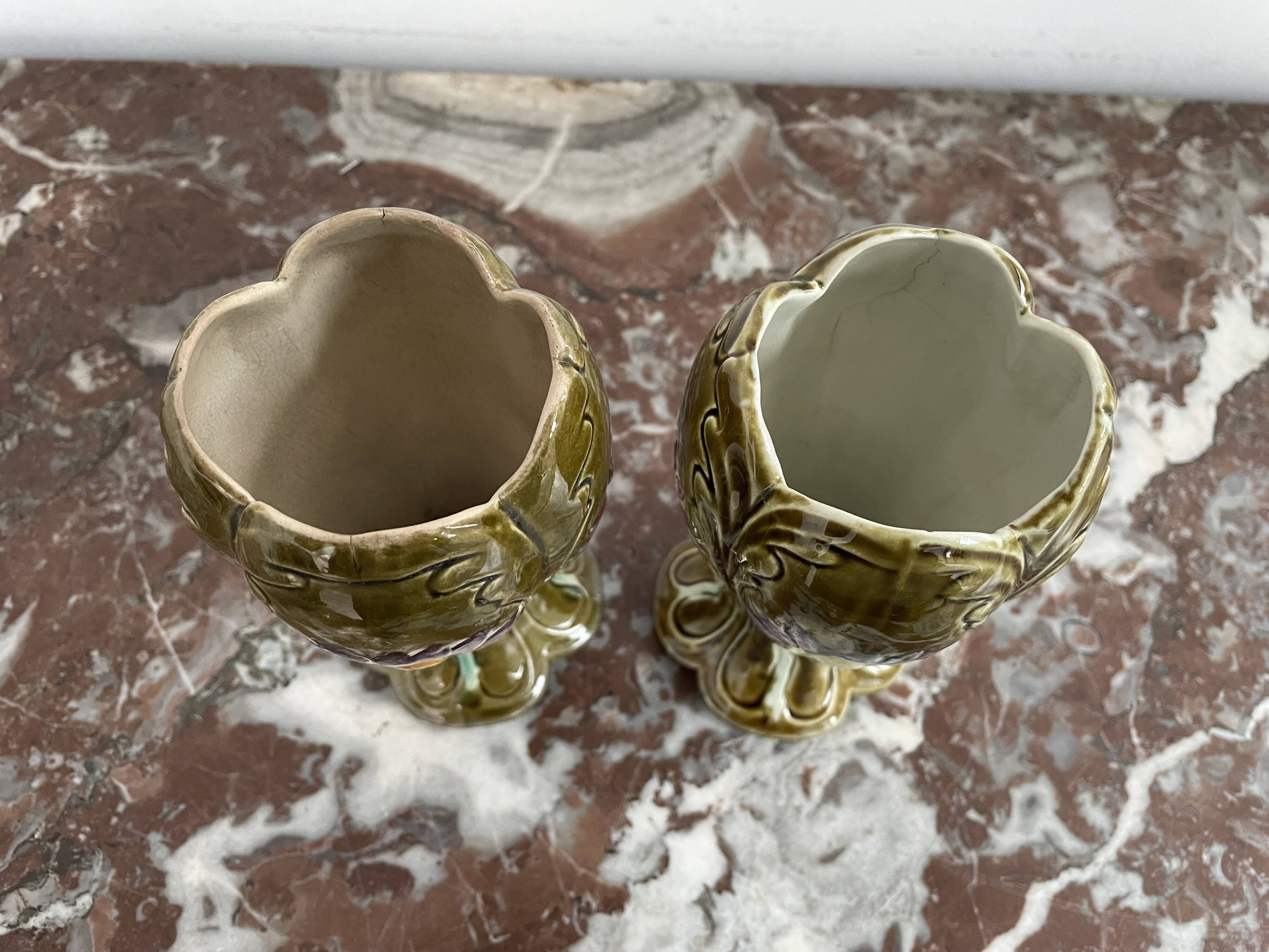 Barbotine vases, pair, Art Nouveau, DE BRUYN earthenware, signed, numbered