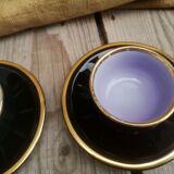 Set of 9 cups and sub-cups in black ceramic and colored gold border