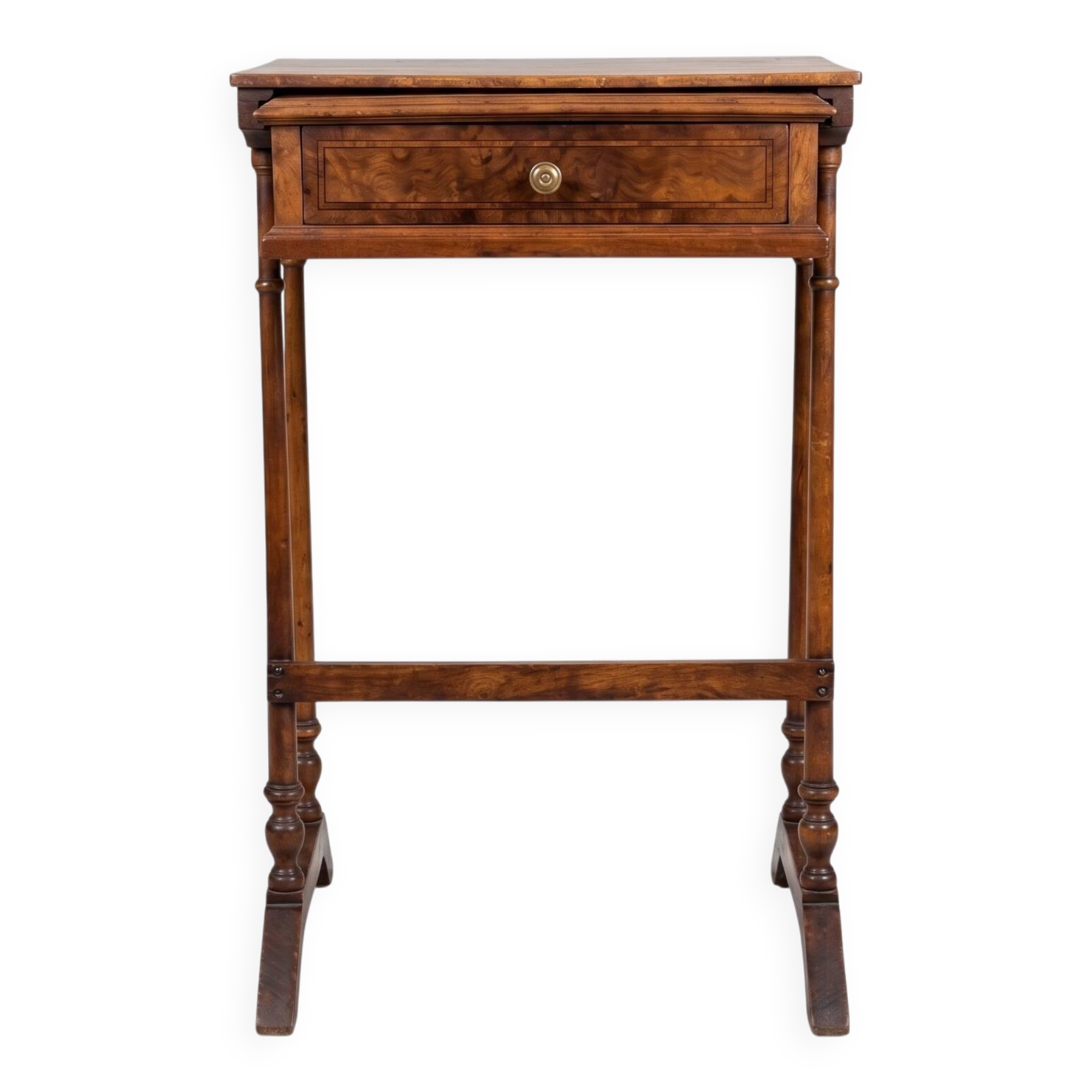 Petite table travailleuse ancienne en loupe d’orme – bois massif – tiroir