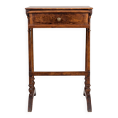 Petite table travailleuse ancienne en loupe d’orme – bois massif – tiroir