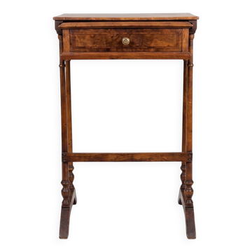 Small antique work table in elm burl – solid wood – drawer