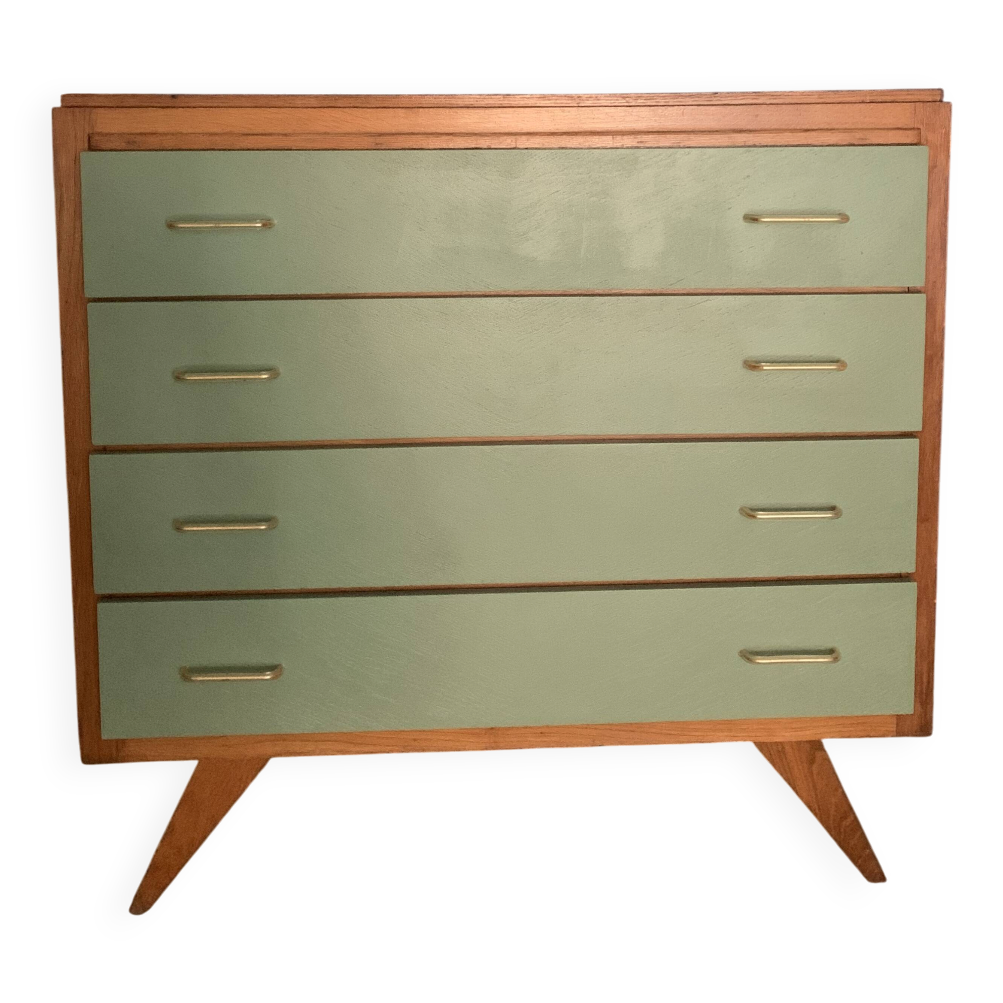 Commode vintage en bois – 4 tiroirs vert d’eau – pieds compas