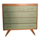 Commode vintage en bois – 4 tiroirs vert d’eau – pieds compas