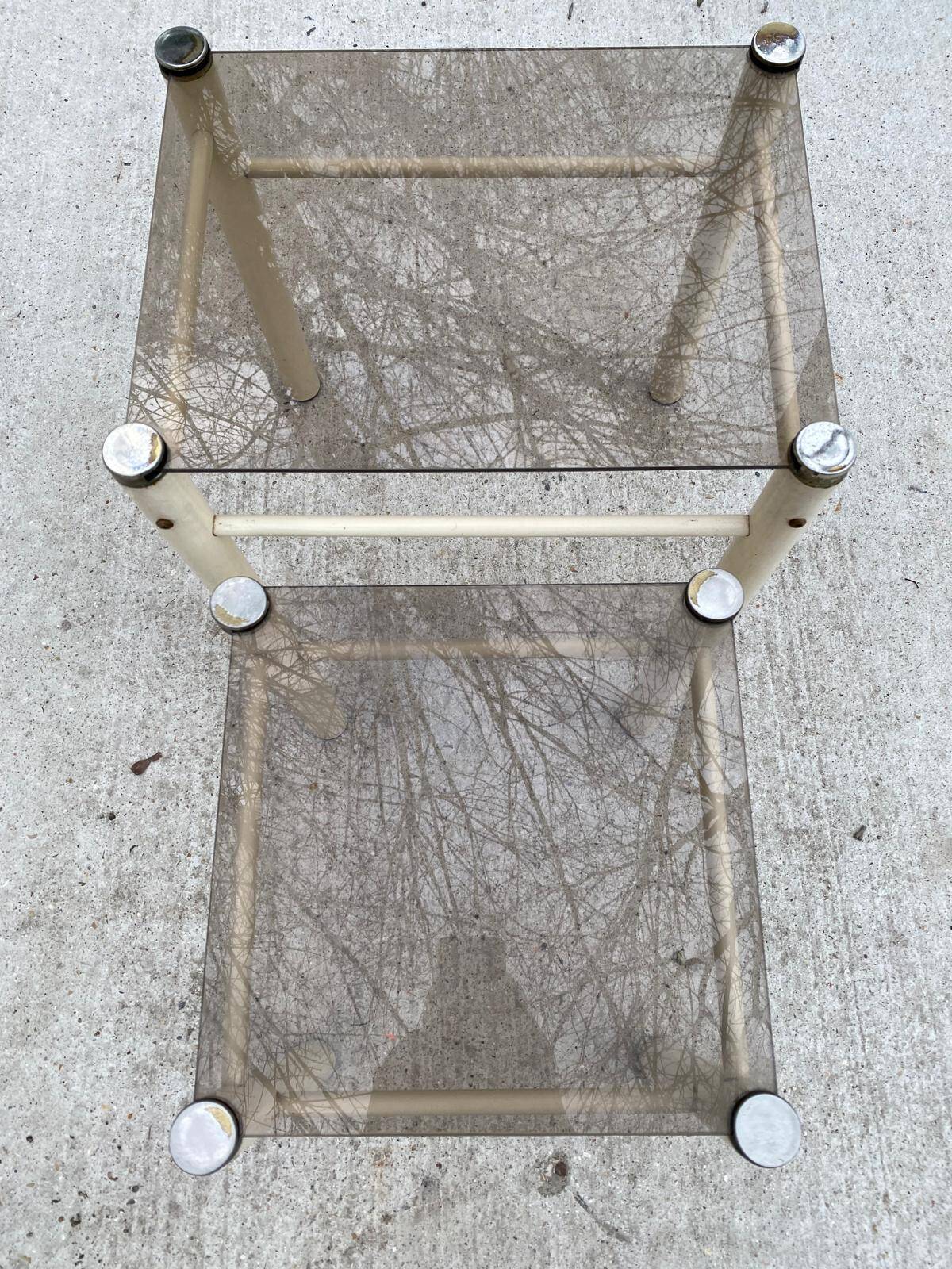 2 industrial beige glass nesting coffee tables by Yves Boutboul, 1970