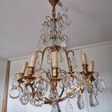 Lustre ancien à 8 bras de lumière à pampilles en bronze et cristal