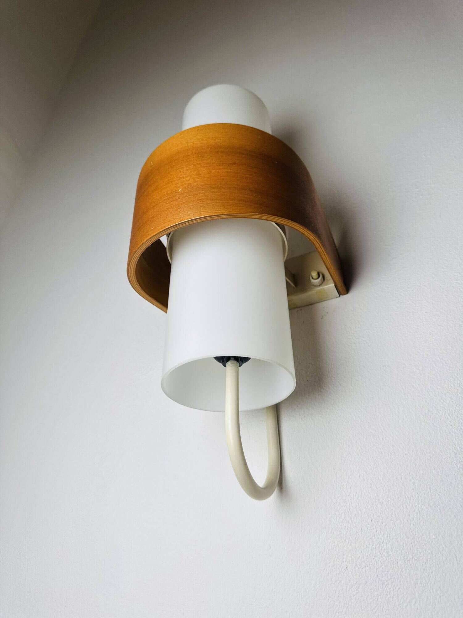 Nx40 Wall Lamp In Wood And Opal Glass By Louis Kalff For Philips, The Netherlands, 1950S