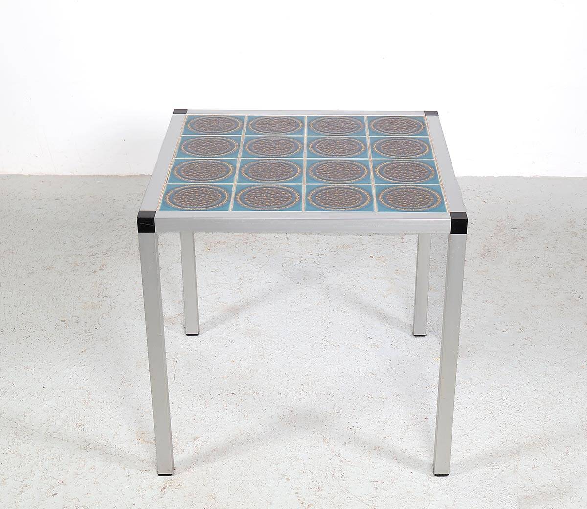 Vintage Danish design metal side table with tiles in a beautiful aqua color made in the 1970s. The f