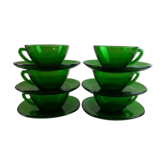 6 tasses & soucoupes vertes vereco