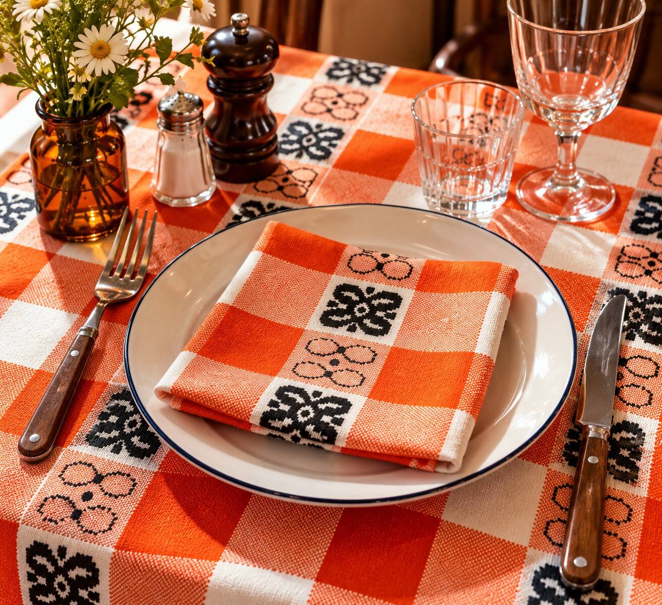 Tablecloth and 14 napkins – orange – 60s-70s – bistro pop style
