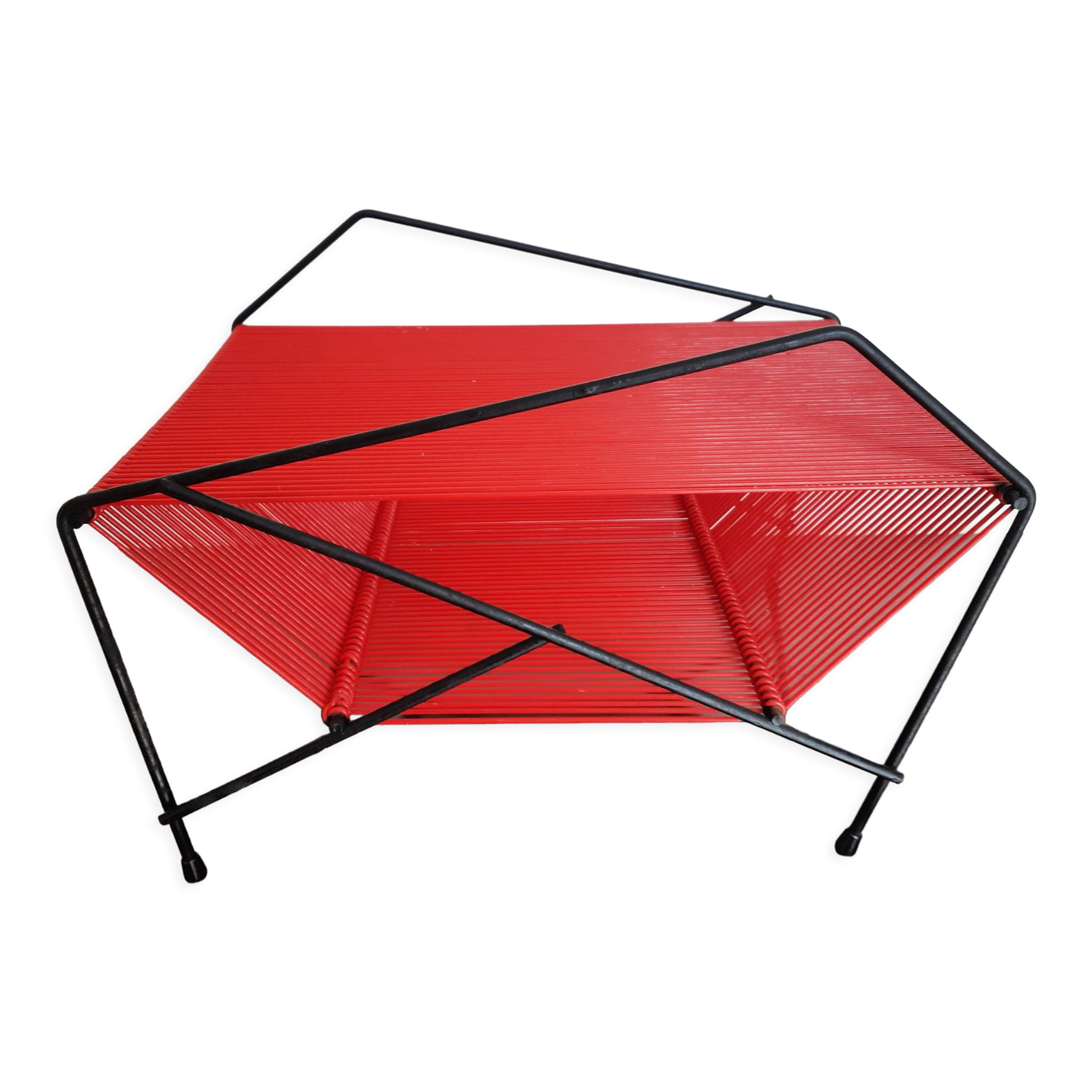 Vinyl record holder, vintage, metal and red scoubidou , rak 50s