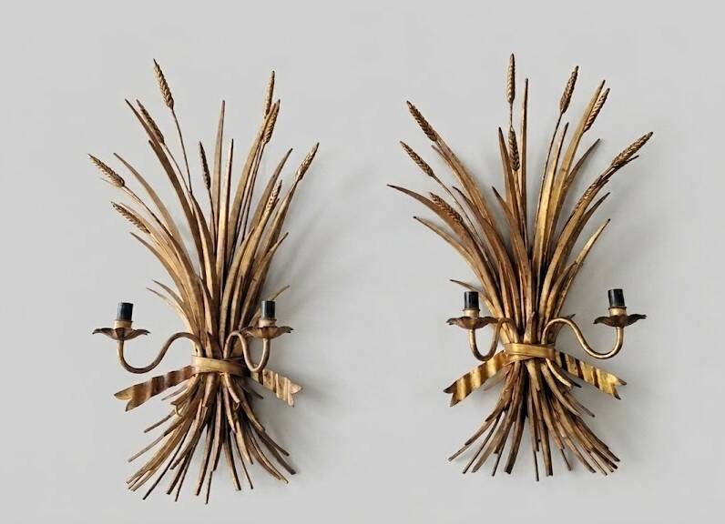 Paire d'appliques "Gerbe de blé" en métal doré par Hans Kögl