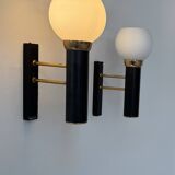 Pair of vintage wall lights, opaline brass and matte black metal, France, 1950