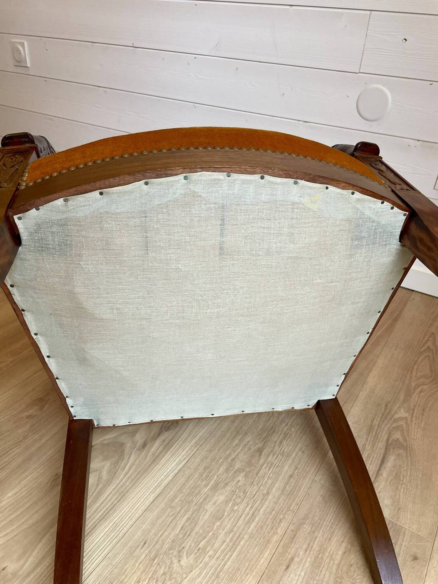 2 vintage style Directoire or Empire armchairs / cabriolets – orange velvet