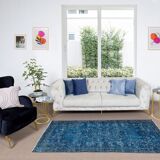 3.7x6.9 Ft Vintage Hand-Knotted Navy Blue Over-Dyed Rug from Turkey, Woolen Floor Covering. NTEK0797