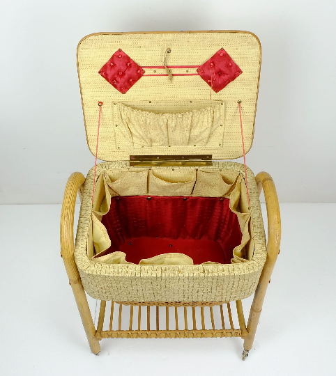 1950s mid century bamboo rattan wicker sewing box or knitting basket