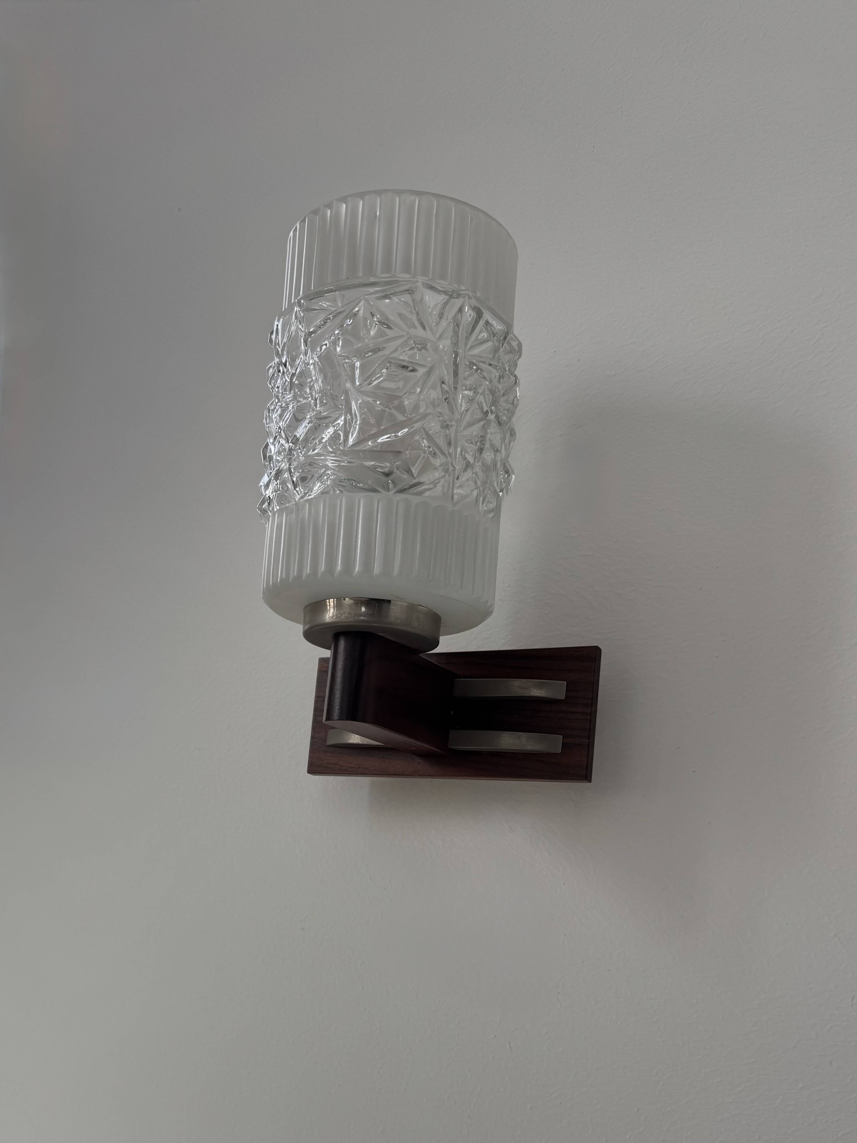 Pair of vintage wall lights, chrome, rosewood and pressed moulded glass, France