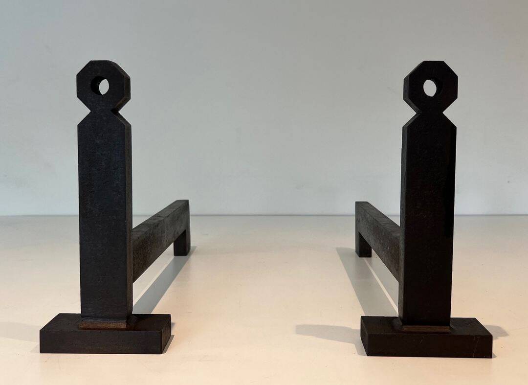 Pair of Minimalist Modernist Wrought Iron Chenets with Torch Holders in Nut Design