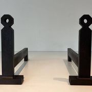 Pair of Minimalist Modernist Wrought Iron Chenets with Torch Holders in Nut Design