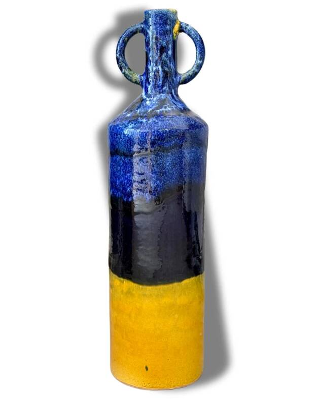 Large Moroccan Artisanal Vase in Majorelle Blue and Mustard Yellow