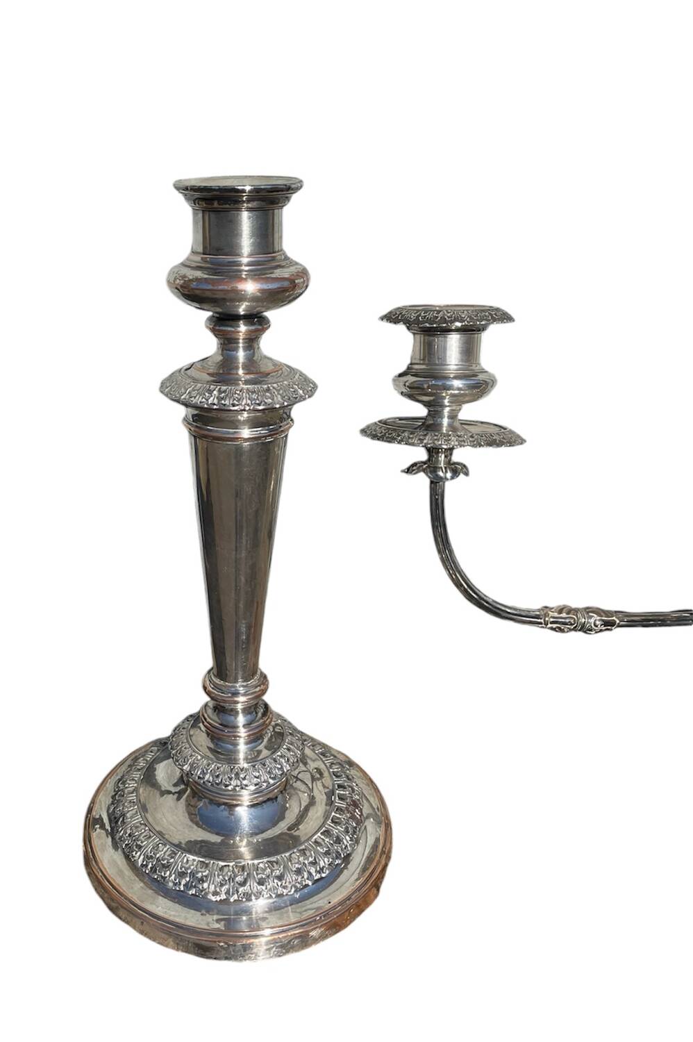 Pair of convertible three-light candelabra in silver-plated metal.