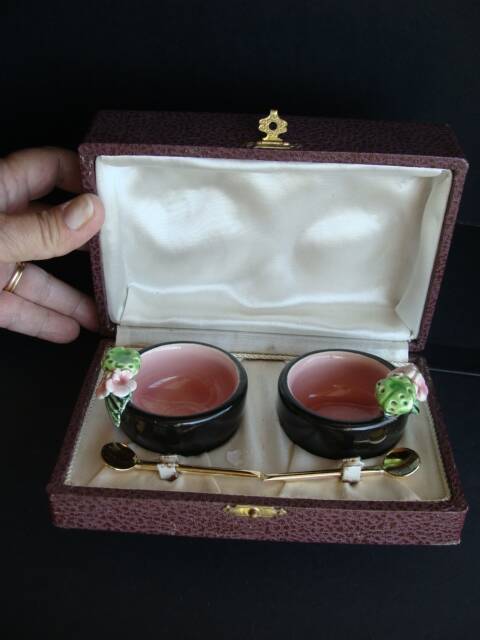 Vintage Keramos Sèvres salt cellars in their case