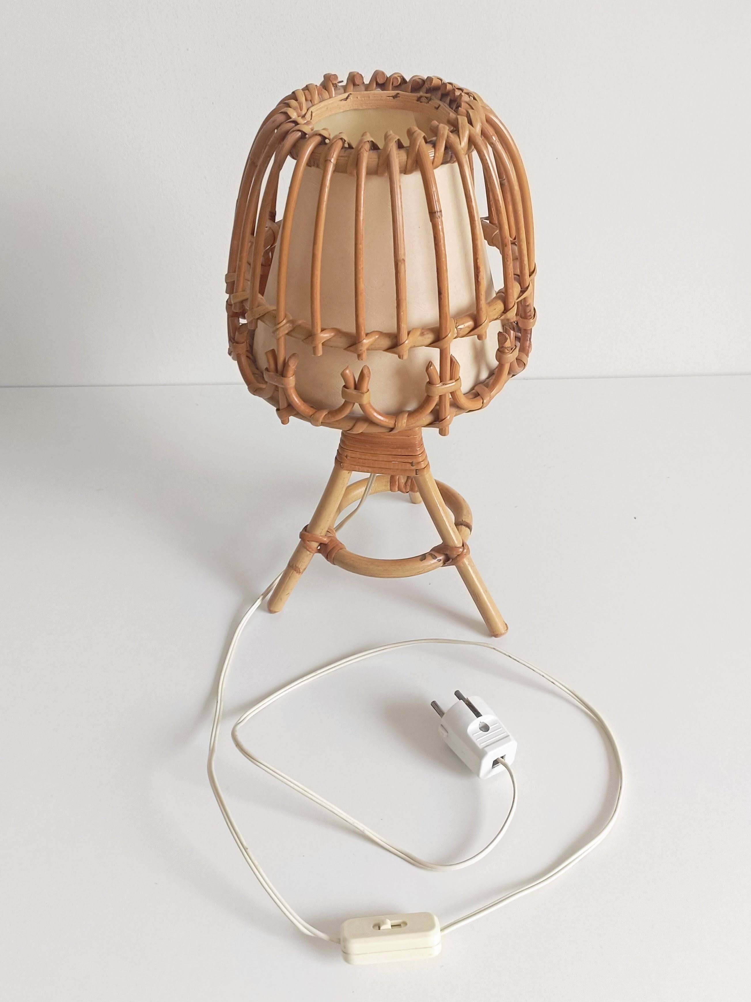 Midcentury Bamboo and Rattan Table Lamp, Attributed to Louis Sognot