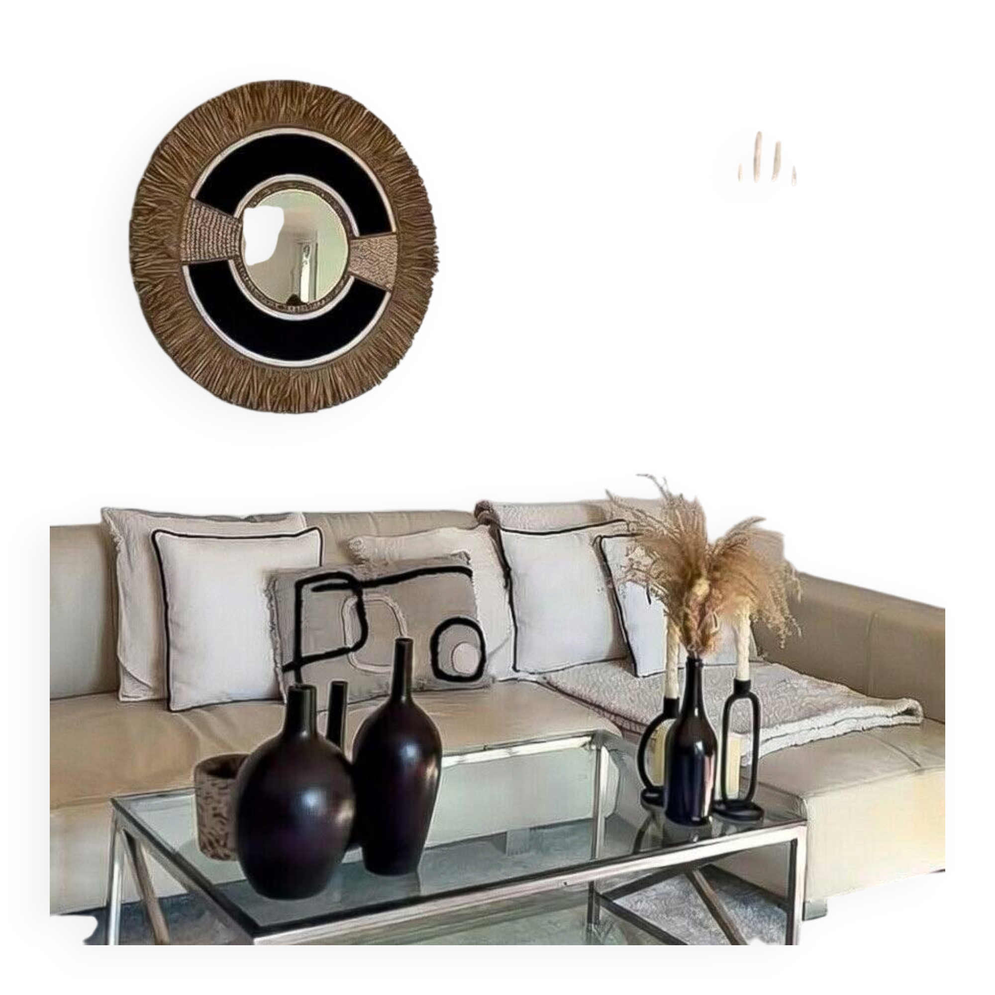Miroir noir en raphia & plume