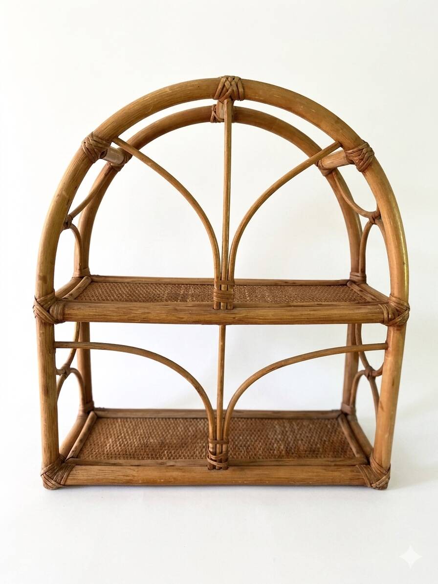 Étagère "Arche" en Rotin & Cannage – Vintage 1970