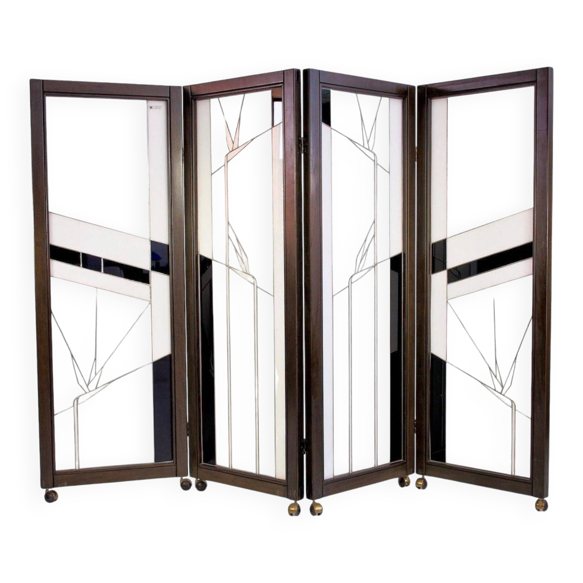 Paravent de style Art déco en bois et verre plombé