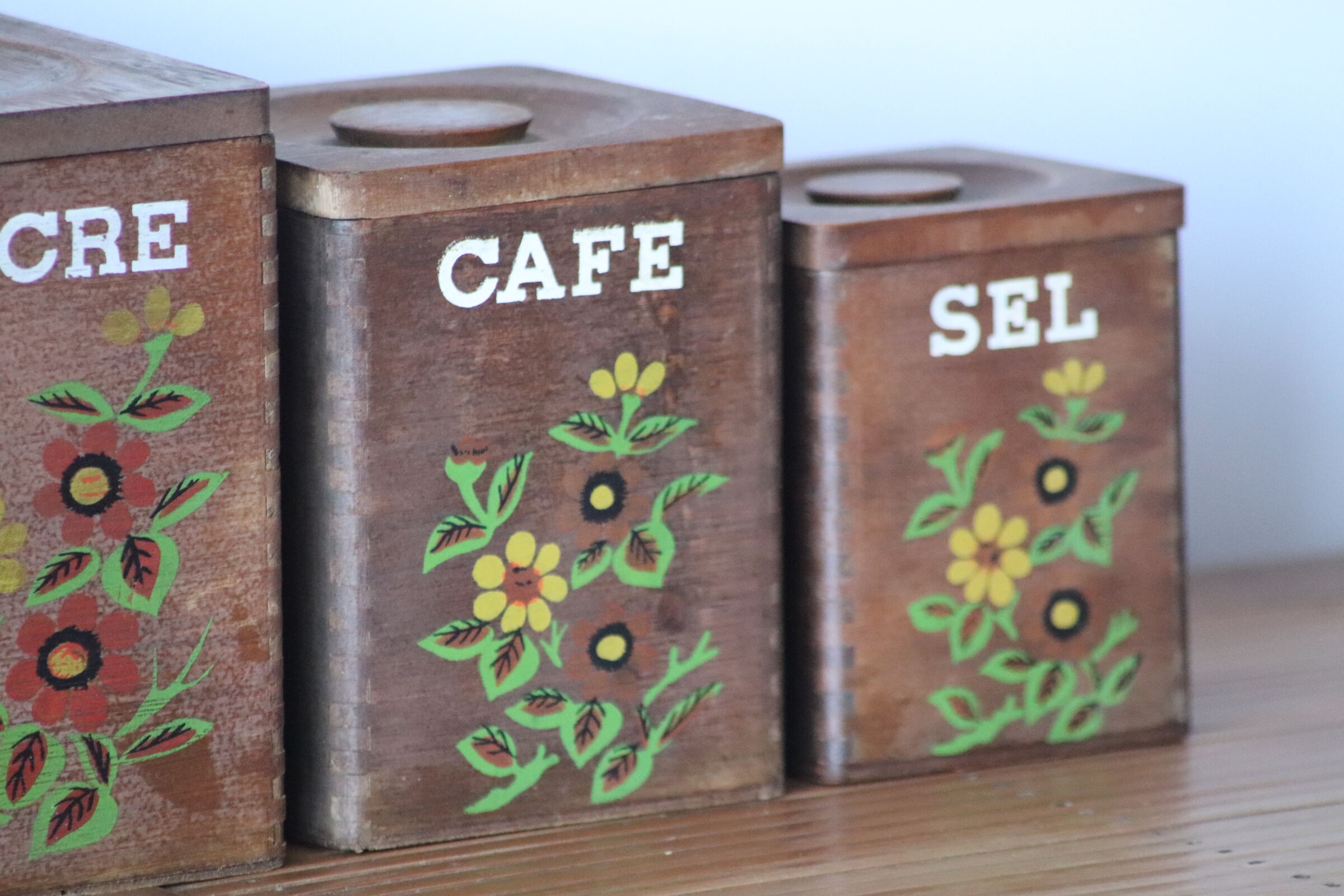 4 vintage wooden spice boxes 70s