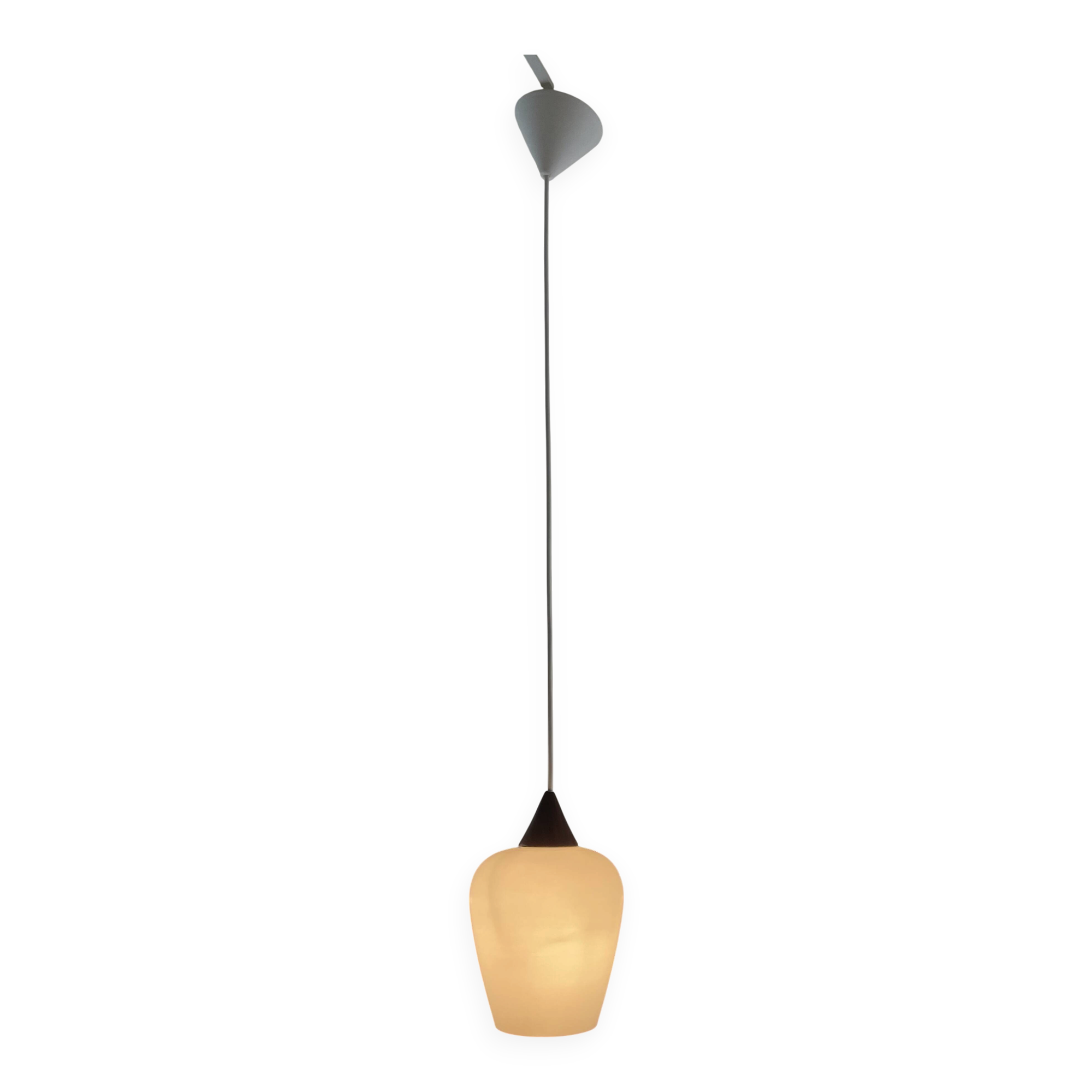 Danish teak and milk glass pendant lamp.
