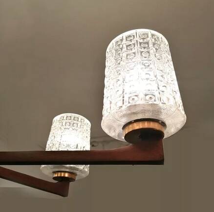 Scandinavian chandelier with 5 branches, teak and glass, 1950