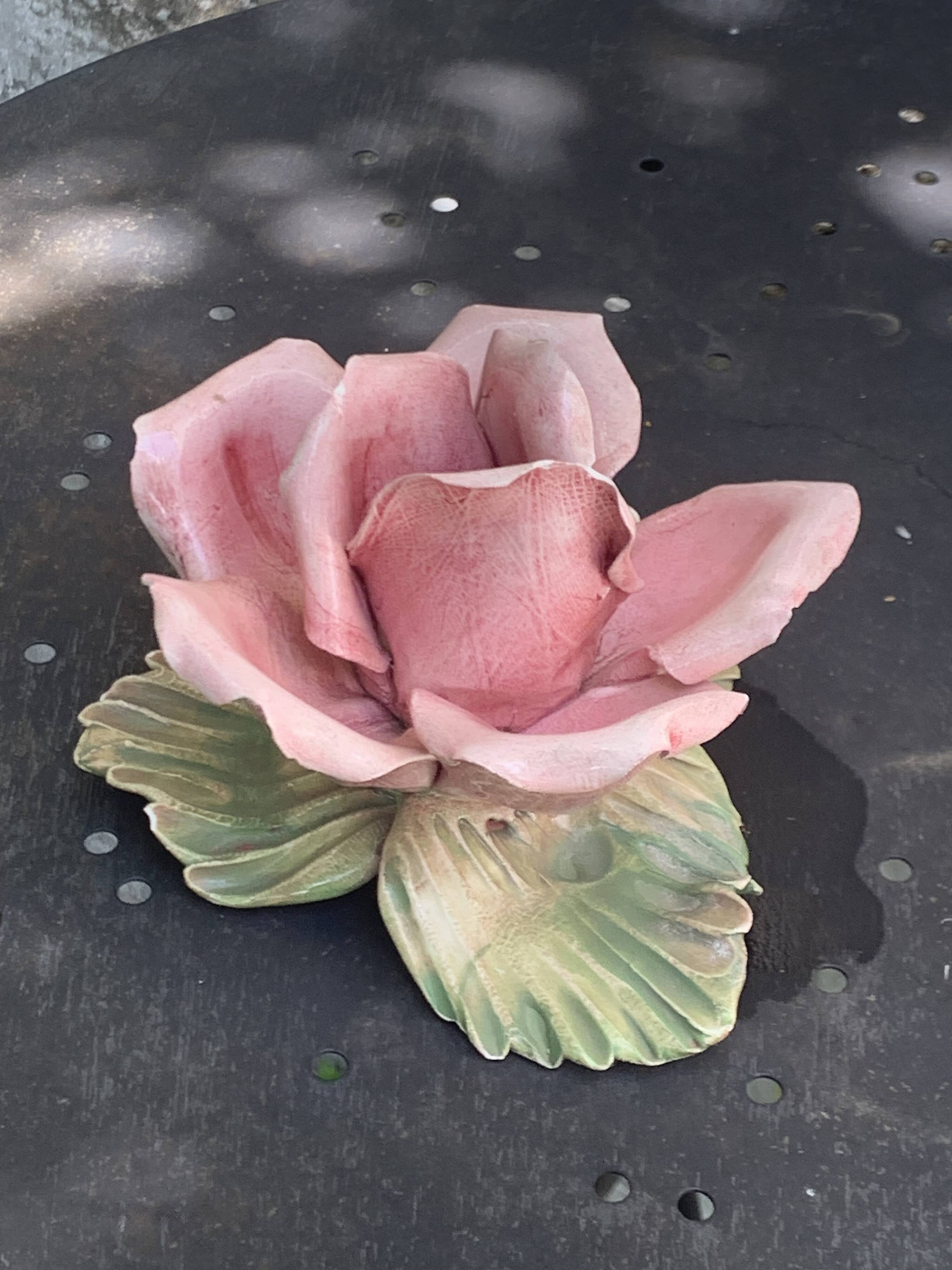 Pink candle holder in slip, old biscuit
