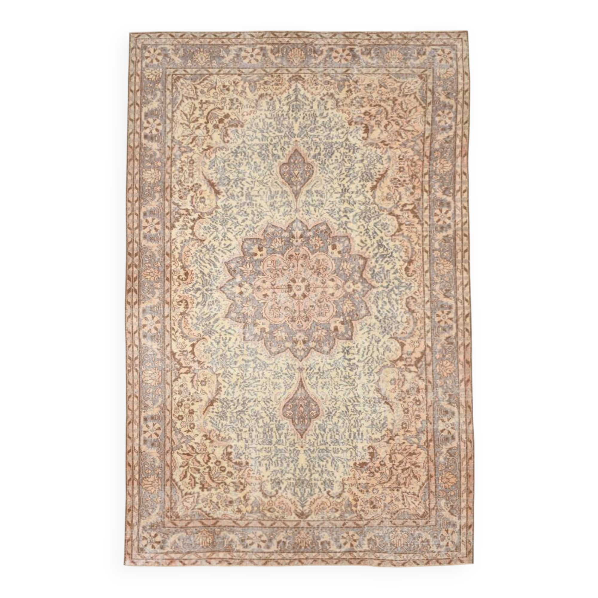 Vintage Persian Style Rug, Soft Beige Blue Medallion Handwoven Carpet