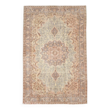 Vintage Persian Style Rug, Soft Beige Blue Medallion Handwoven Carpet