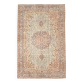 Tapis vintage de style persan, beige doux à médaillon bleu tissé à la main