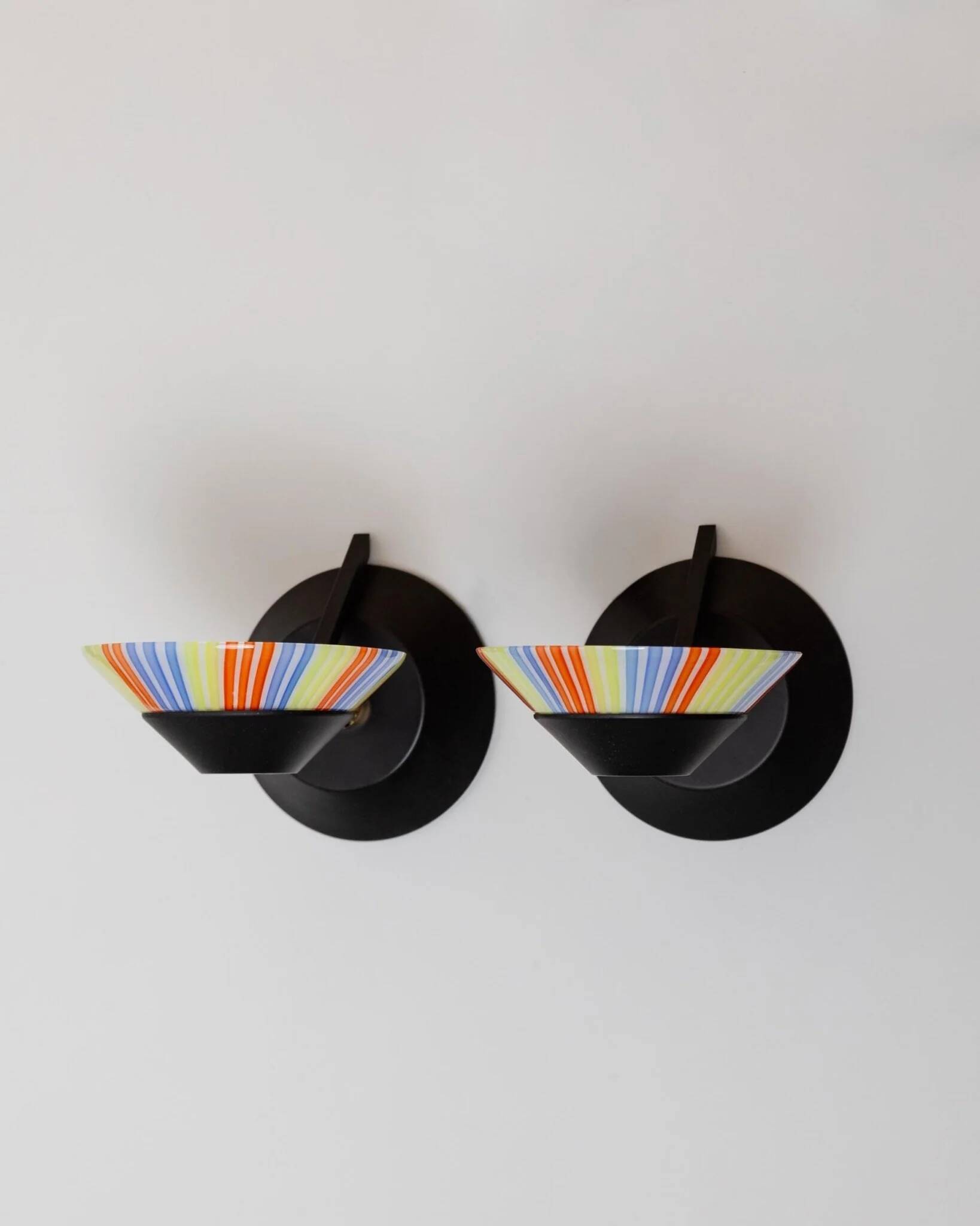 Set of 2 Vintage Murano Glass Wall Lamps with Multicolor Striped Shades and Matte Black Holders