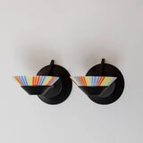 Set of 2 Vintage Murano Glass Wall Lamps with Multicolor Striped Shades and Matte Black Holders